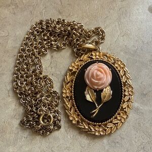 70’s Avon Gold and Black Necklace with Pink Rose with reverse side mirror